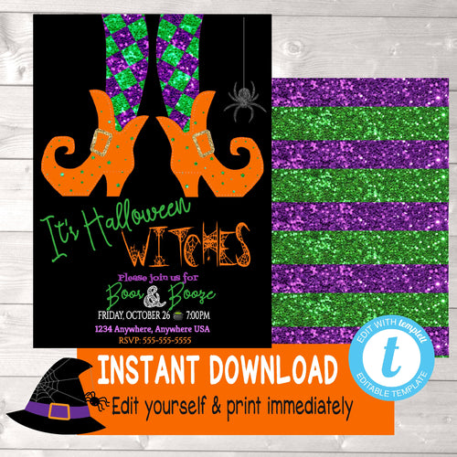 it's Halloween witches, Witch Party, Halloween Witches Birthday Invitation, boos and booze, Halloween Party,invitations edit yourself