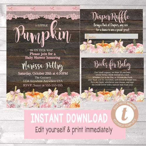 Baby Shower Pumpkin Invitation, Thank You, Diaper Card, Books for baby,Bundle, Floral Invite, Rustic, Fall Baby shower, You edit digital