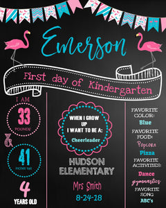 Flamingo First Day of School Sign, flamingos Back to school Printable Chalkboard Poster, First day, Kindergarten , Any Age  Grade