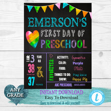 Load image into Gallery viewer, Back to school, Rainbow  Heart  First  Day of School Sign, Back to school Printable Chalkboard Poster, First day of School, Any Grade
