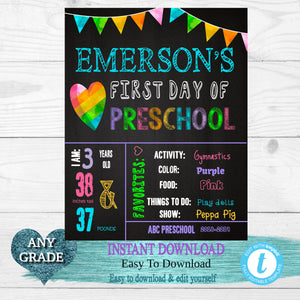 Back to school, Rainbow  Heart  First  Day of School Sign, Back to school Printable Chalkboard Poster, First day of School, Any Grade