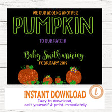 Load image into Gallery viewer, PUMPKIN Pregnancy Announcement | Maternity Announcement| Edit yourself | Baby Announcement | Chalkboard Photo Prop, Glitter Halloween Reveal