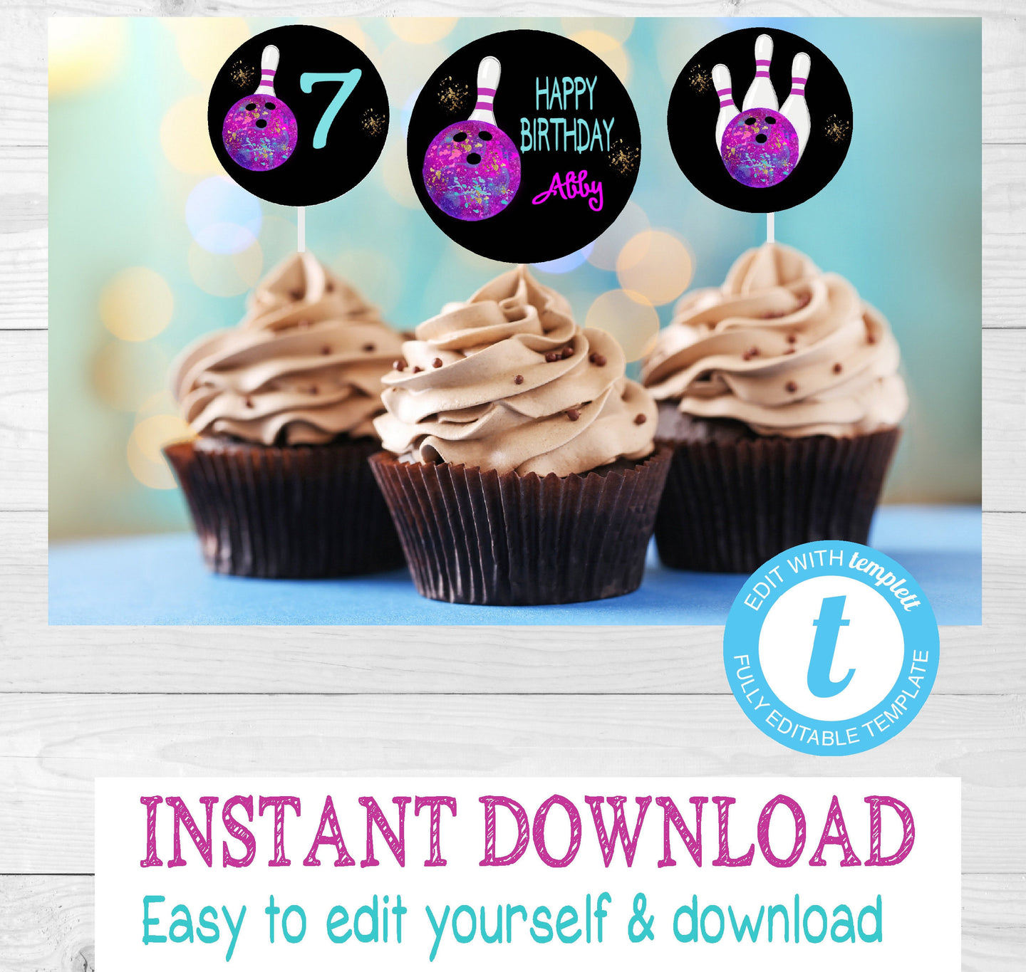 Bowling Cupcake toppers | Edit Yourself Neon bowling Cupcake Toppers, Glow |  Birthday  | Purple bowling cupcake toppers | INSTANT DOWNLOAD