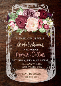 Bridal Shower Invites, Rustic Bridal Shower Invitation, Mason Jar Bridal Shower Invitation, Floral Bridal Shower Invitation, Country Chic