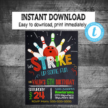 Load image into Gallery viewer, Boys Bowling Birthday Invitation and thank you Card | Bowling  Party Invite &amp; thank you | Instant download | Bowling boys edit yourself