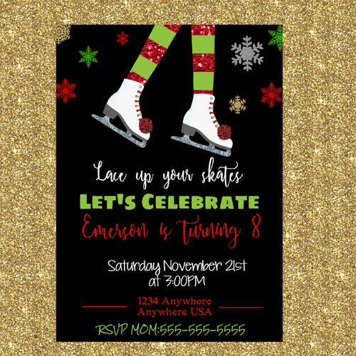 Ice Skating Birthday Invitation, Christmas Ice Skating Party, Glitter Skate, Holiday Skate Party, Ice skating invite digital download