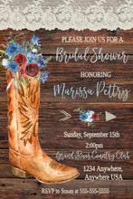 Load image into Gallery viewer, Cowboy Boot Rustic Bridal Shower Invitation, Country invite, Barn Flower Invitation, Burgundy, Dusty Blue Watercolor, Cowboy  You edit DIY