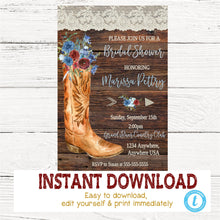 Load image into Gallery viewer, Cowboy Boot Rustic Bridal Shower Invitation, Country invite, Barn Flower Invitation, Burgundy, Dusty Blue Watercolor, Cowboy  You edit DIY