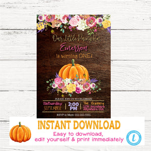 Pumpkin Birthday Invitation, Our little pumpkin, Pink Rustic Flower Invite, Bright floral Watercolor, Fall Birthday, You edit digital