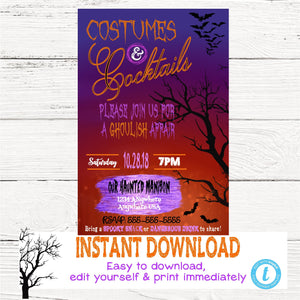 Halloween Party Invitation, Spooky Halloween, Costumes and Cocktails, Haunted House invite, Masquerade Costume Party You edit digital
