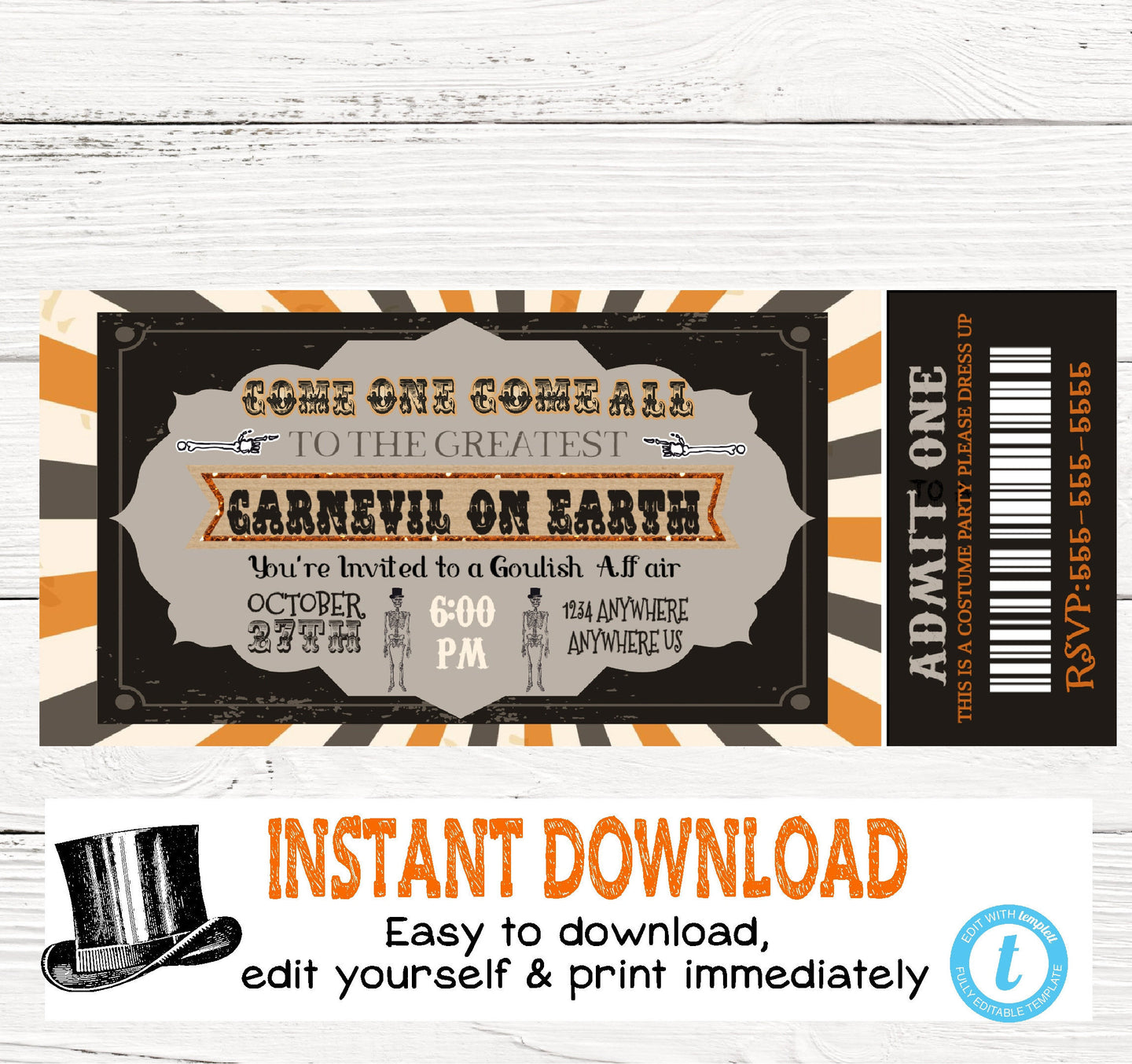 Halloween Invitations, Halloween Ticket Invitations, Spootacular, Carnevil Halloween Party Invites, Carnival Haunted Tickets -INSTANT ACCESS