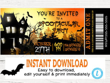 Load image into Gallery viewer, Halloween Invitations, Halloween Ticket Invitations, Spootacular, Bright Halloween Party Invites - Haunted House Tickets -INSTANT ACCESS