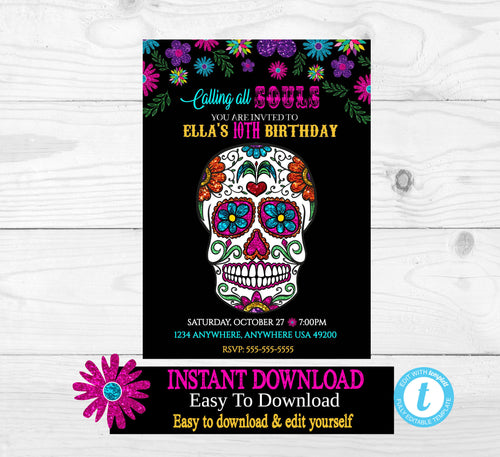 Sugar Skull Birthday Invitation - Sugar Skull Halloween Invite-Party Costume Party,Dia De Los Muertos Party - Costume Party You edit digital