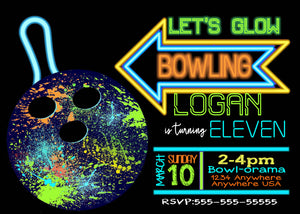 Neon Bowling Invitation | Edit Yourself bowling invite, Glow bowling Birthday Party Neon Bowl boys  80's glow | editable Instant download
