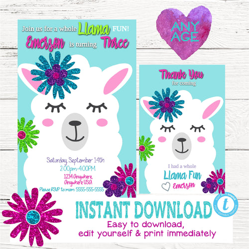 LLAMA Birthday invitation, Fiesta Llama invitation Thank You, Glitter invite, Cactus Alpaca Southwestern, Party, Digital instant download