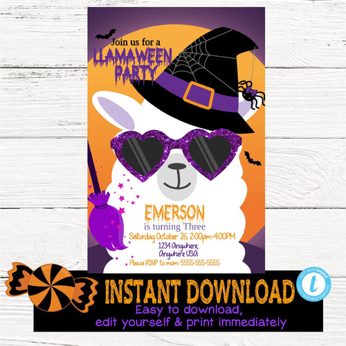LLAMA Halloween Birthday invitation, Llamaween invite, Halloween party decor Llama, Birthday, Llama Halloween party Digital instant download