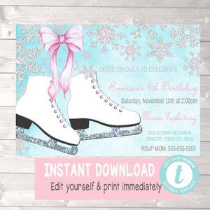 Ice Skates, Birthday Party Invitations, Ice Skating Birthday Invite, Snowflakes, Winter Ice Skates Invites, Ice Skates Invite, Edit yourself