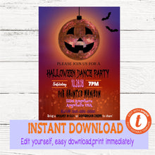 Load image into Gallery viewer, Halloween Dance Party Invitation, Spooky Halloween, Costume Party, Haunted House invite, Masquerade Costume Party You edit digital