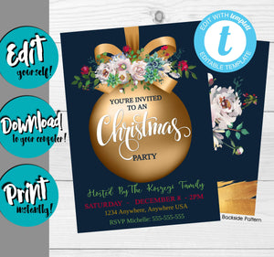 Christmas Party Invitation, Holiday Party Invite, Xmas Party, Ornament, Gold, Instant Download DIY Printable Party Invite Digital Template
