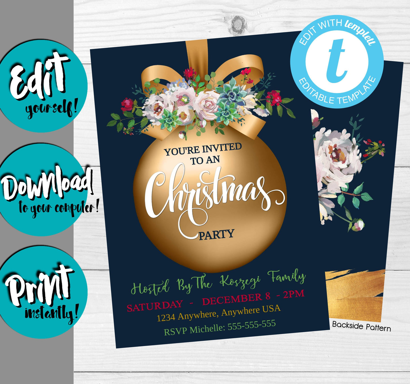 Christmas Party Invitation, Holiday Party Invite, Xmas Party, Ornament, Gold, Instant Download DIY Printable Party Invite Digital Template
