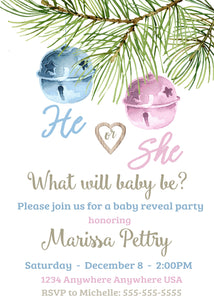 Holiday Gender Reveal Invitation, Christmas Gender Reveal Invite, Winter Gender Reveal, Baby Reveal, Ornaments, Printable, He or She Shower
