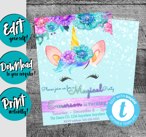 Unicorn Birthday Invitation, Girl Birthday Party Invite, Magical Unicorn Invitations, Printable Bday Party Invites