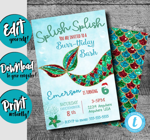 Winter Mermaid Invitation, CHristmas Mermaid Birthday Invite, Mermaid Party,  Brrr Under the Sea, Mermaid Theme, Sparkle, Glitter, Aqua Teal