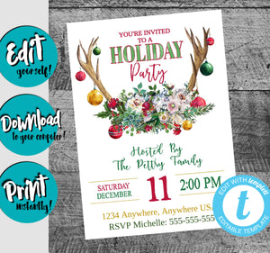 Holiday Party Invitation, Christmas Party Invite, Xmas Party, Deer Antlers, Printable Xmas Invite, Editable Invite Template