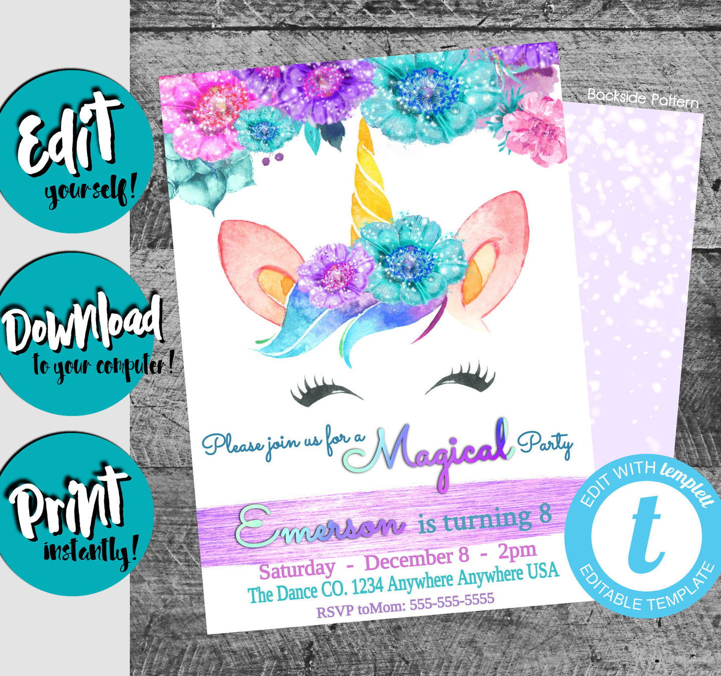 Unicorn Birthday Invitation, Girl Birthday Party Invite, Magical Unicorn Invitations, Printable Bday Invites, Pink Birthday Party Invitation