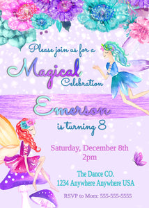Fairy Birthday Invitation, Girl Birthday Party Invite, Floral Fairy Birthday Invite, Printable Invitation, Purple Birthday Party Invitation