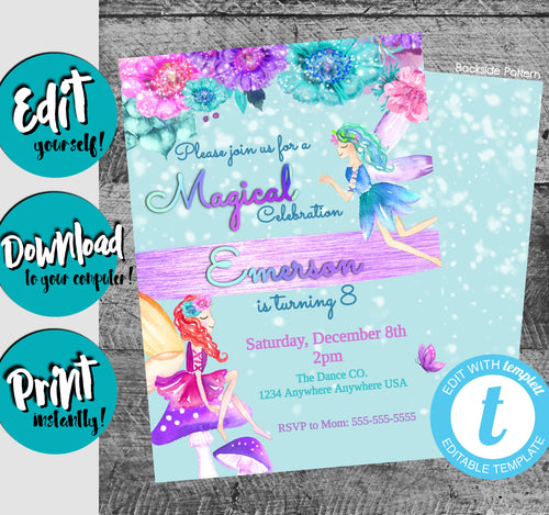 Fairy Birthday Invitation, Girl Birthday Party Invite, Floral Fairy Birthday Invite, Printable Invitation, Teal Birthday Party Invitation