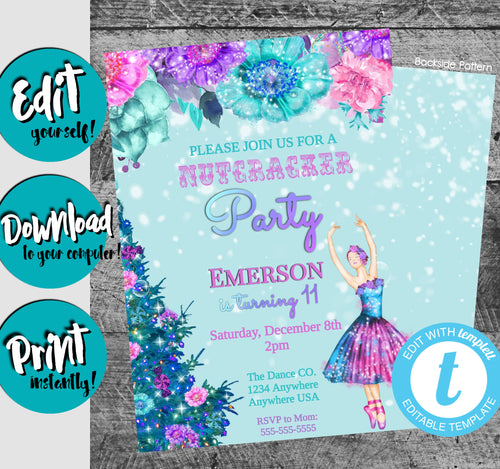 Nutcracker Birthday Invitation, Sugar Plum Fairy Princess Invitation, Instant Download, Christmas Birthday, Winter Birthday, Ballet Birthday