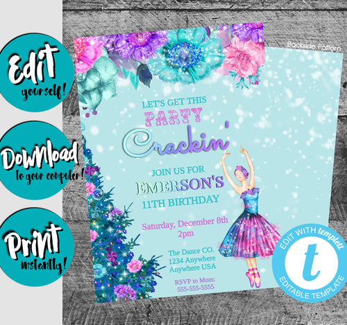 Nutcracker Birthday Invitation, Sugar Plum Fairy Princess Invitation, Party Crackin', Christmas Birthday, Winter Birthday, Ballet Birthday