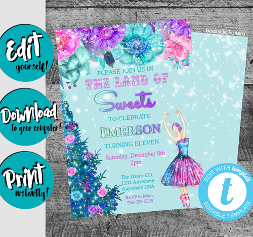 Land of the Sweets Birthday Invitation, Sugar Plum Fairy Princess Invitation, Nutcracker Birthday, Christmas Birthday, Winter Birthday