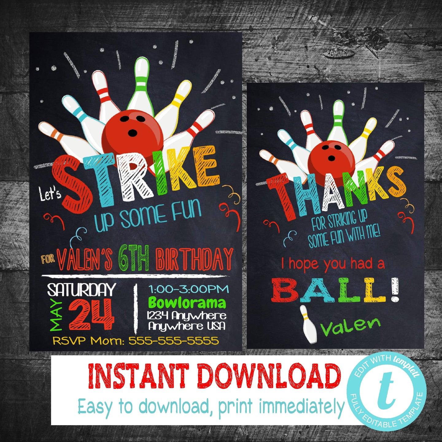 Boys Bowling Birthday Invitation and thank you Card | Bowling  Party Invite & thank you | Instant download | Bowling boys edit yourself
