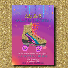 Load image into Gallery viewer, Roller Skating Birthday Invitation, Skating Party, Glitter Skate, Retro Roller Skate Party, Roller skating, Disco skating invite 80&#39;s Party