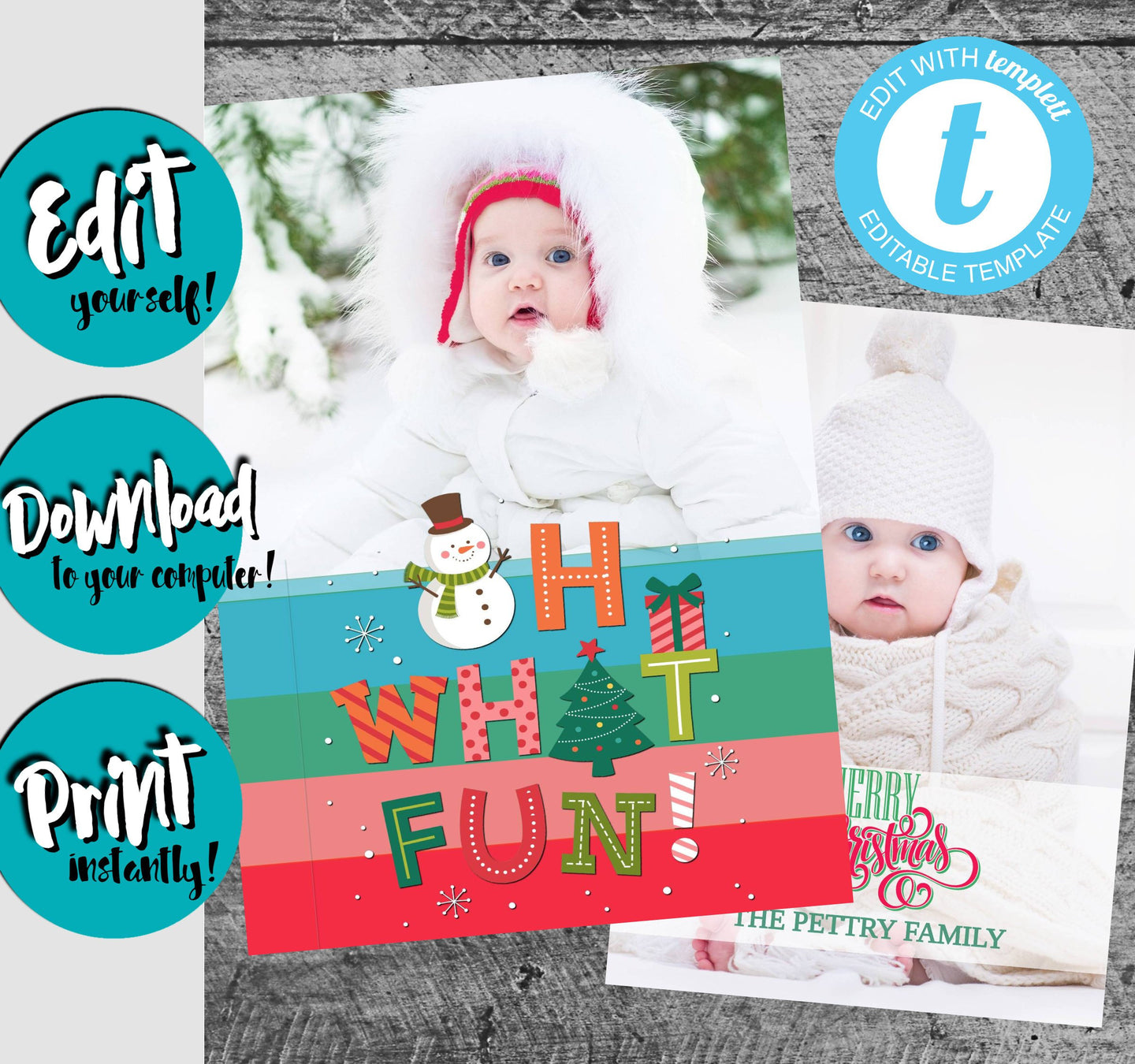 Oh What Fun Christmas Card with Photos, Photo Christmas Card, Merry Christmas, Happy Holidays, Printable Christmas Card, Editable Xmas Card