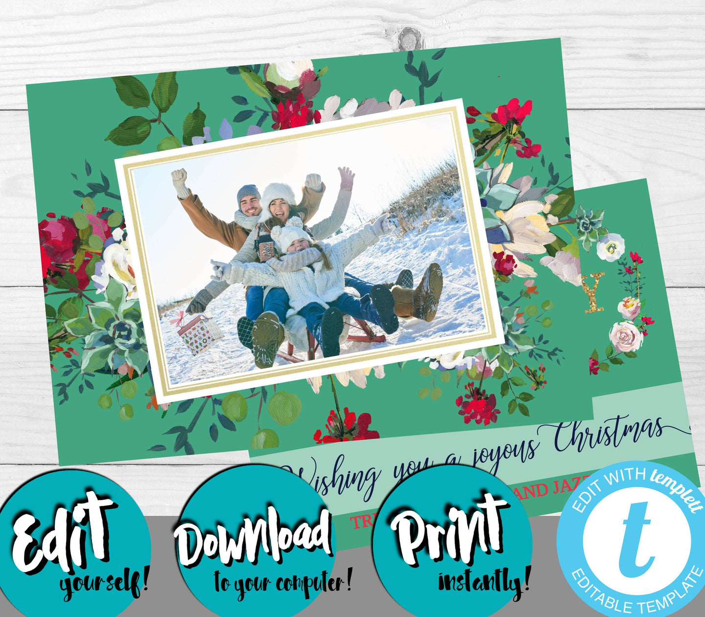 Christmas Card with Photos, Photo Holiday Card, Joyous Christmas, Merry Christmas, Floral Watercolor, Printable Christmas Card, Joy Xmas