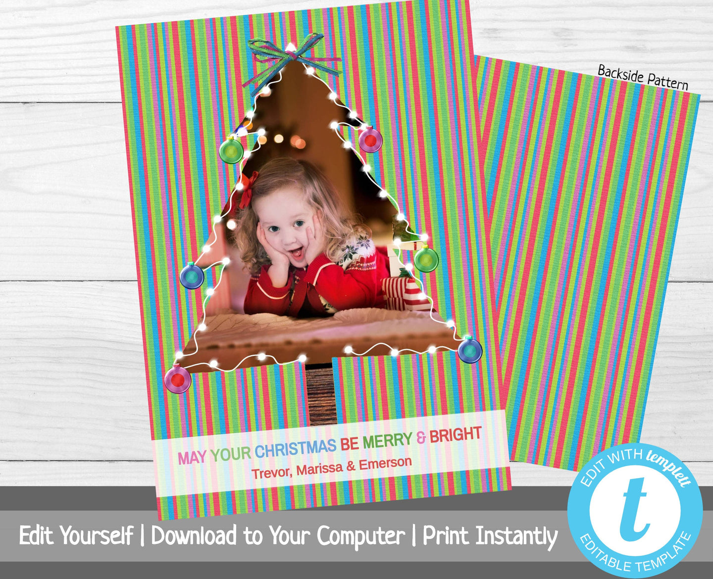 Merry & Bright Christmas Card with Photo , Striped Christmas Card, Christmas Tree, Holiday Card, Merry Christmas, Happy Holiday, Printable