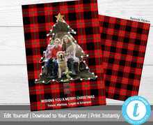 Load image into Gallery viewer, Buffalo Plaid Christmas Card with Photo, Photo Christmas Tree Card Template, Holiday Card, Merry Christmas, Happy Holidays, Printable, Red