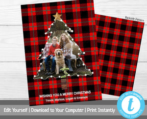 Buffalo Plaid Christmas Card with Photo, Photo Christmas Tree Card Template, Holiday Card, Merry Christmas, Happy Holidays, Printable, Red