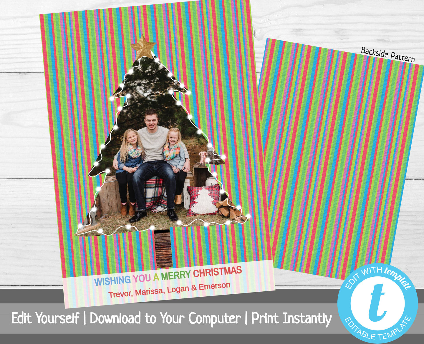 Striped Christmas Card with Photo Template, Photo Christmas Card, Christmas Tree, Holiday Card, Merry Christmas, Happy Holiday, Printable