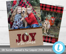 Load image into Gallery viewer, Christmas Card with Photos Template, Photo Holiday Card, Joy to the World, Merry Christmas, Happy Holidays, Printable Template, Red Plaid