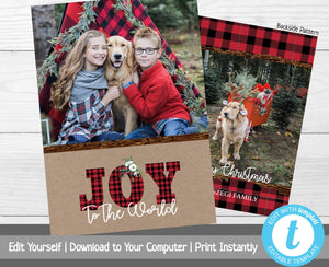 Christmas Card with Photos Template, Photo Holiday Card, Joy to the World, Merry Christmas, Happy Holidays, Printable Template, Red Plaid