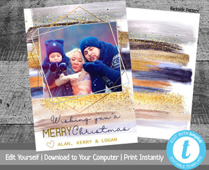 Photo Christmas Card, Christmas Card with Photo, Glitter, Metallic Stripes, Holiday Card, Merry Christmas, Happy Holiday, Printable Template