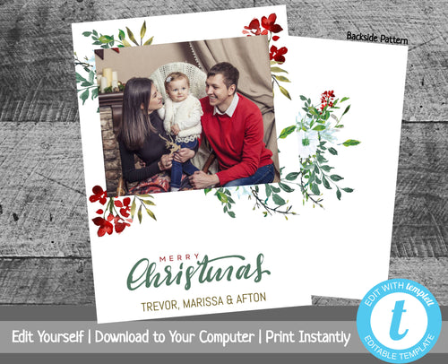 Floral Christmas Card with Photo Template, Photo Holiday Card, Watercolor Christmas Card, Merry Christmas, Happy Holidays, Printable