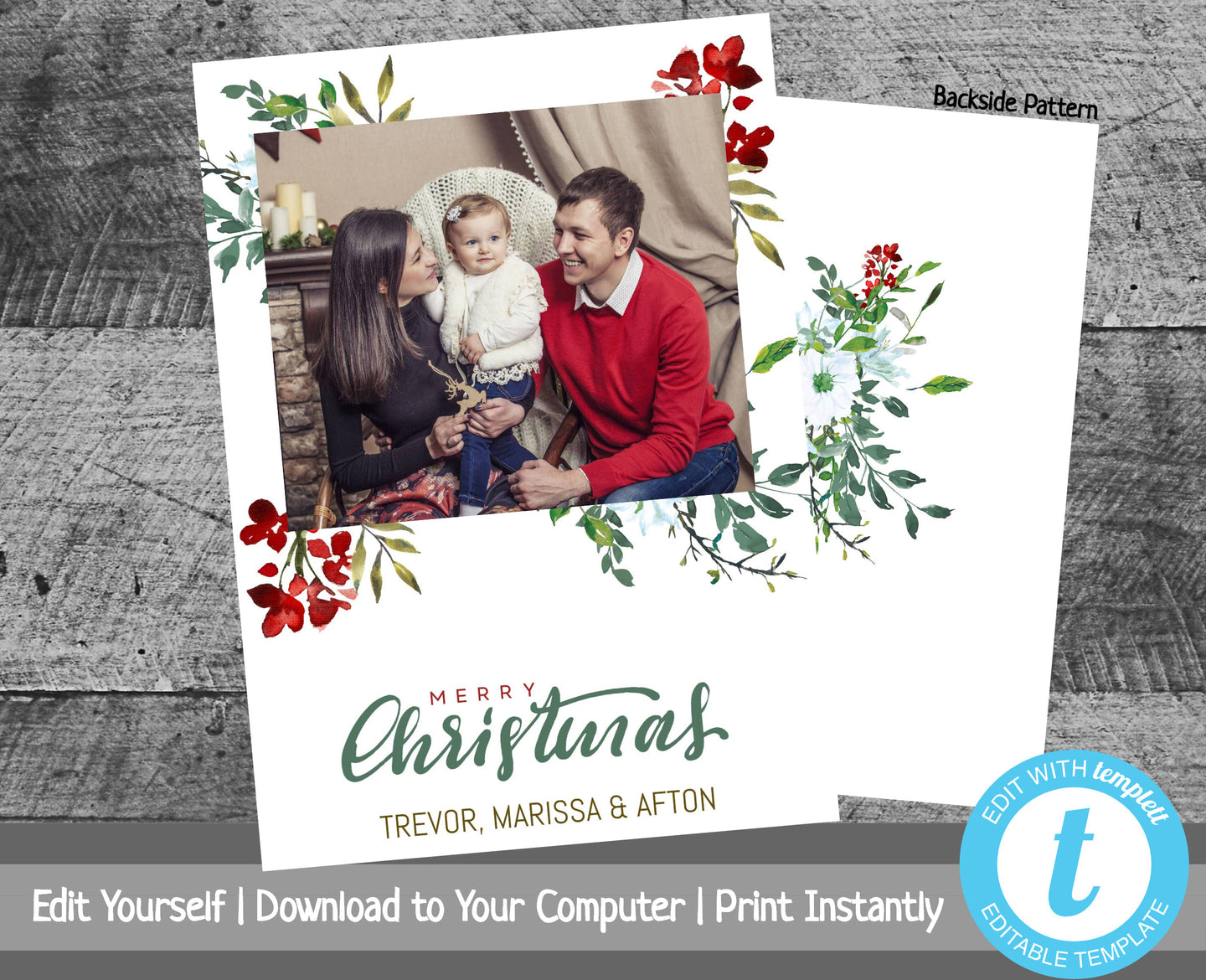 Floral Christmas Card with Photo Template, Photo Holiday Card, Watercolor Christmas Card, Merry Christmas, Happy Holidays, Printable