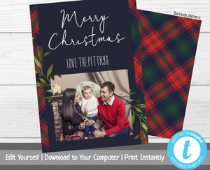 Photo Christmas Card Template, Christmas Card with Photo, Holiday Card, Merry Christmas, Happy Holidays, Printable Template, Plaid