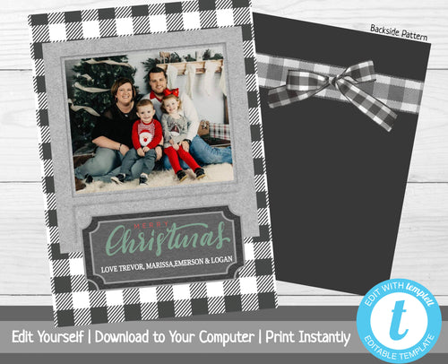 Photo Christmas Card Template, Christmas Card with Photo, Photo Holiday Card, Merry Christmas, Happy Holidays, Printable Template, Plaid Bow