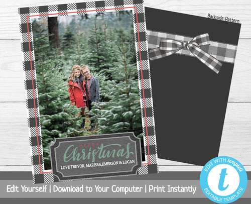 Christmas Photo Card, Christmas Card Photo Template, Holiday Card with Photo, Merry Christmas, Happy Holidays, Printable Template, Plaid Bow